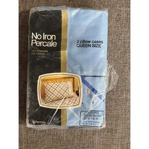 New Vintage Percale Blue Plaid Diamond Pillowcases No Iron Queen JC Penney‎ 2pc